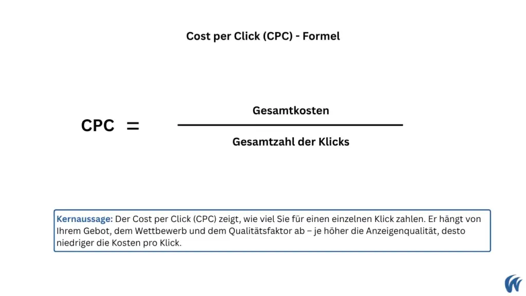 Die Grafik zeigt die Formel zur Berechnung der Cost per Click (CPC).