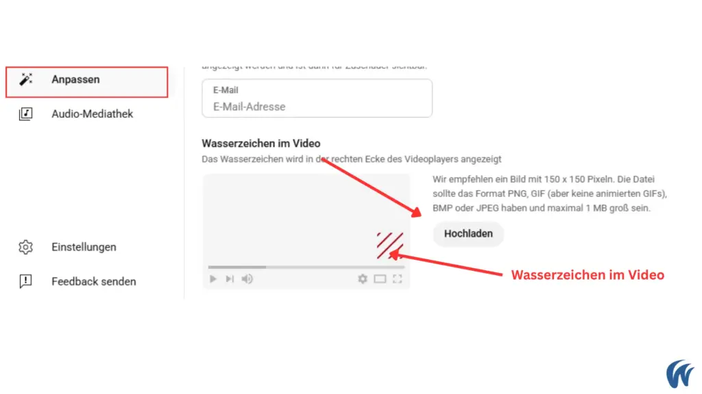 Das Bild zeigt, wie man das Wasserzeichen bei einem YouTube-Kanal setzt.