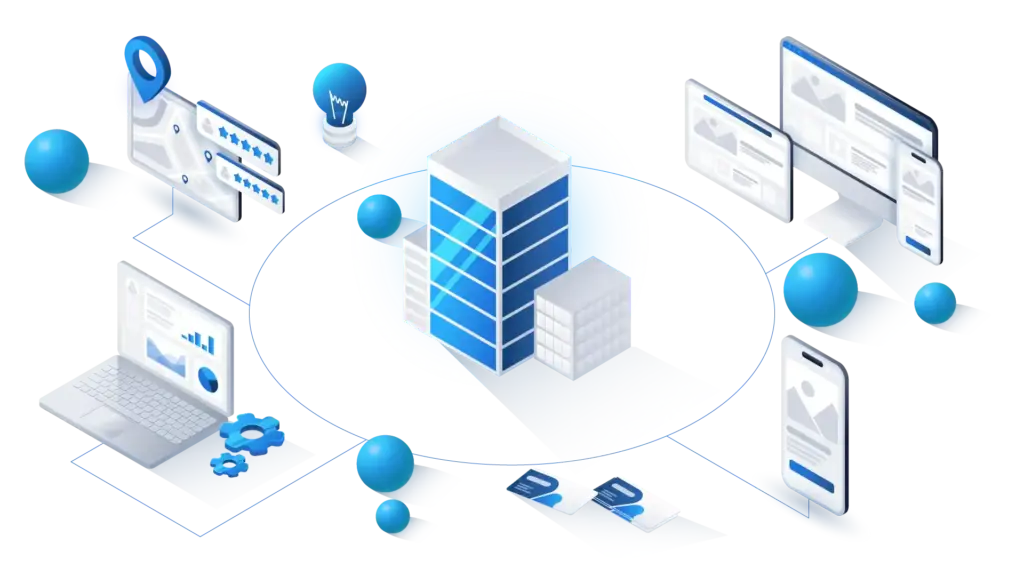 Digitale Illustration zeigt ein Online-Marketing-Ökosystem aus SEO, SEA und Webdesign.