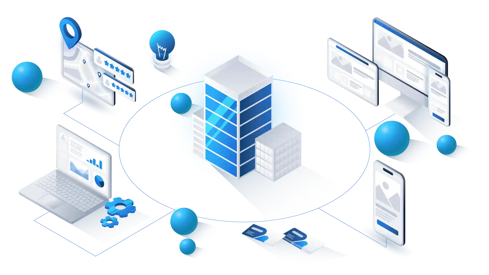 Digitale Illustration zeigt ein Online-Marketing-Ökosystem aus SEO, SEA und Webdesign.