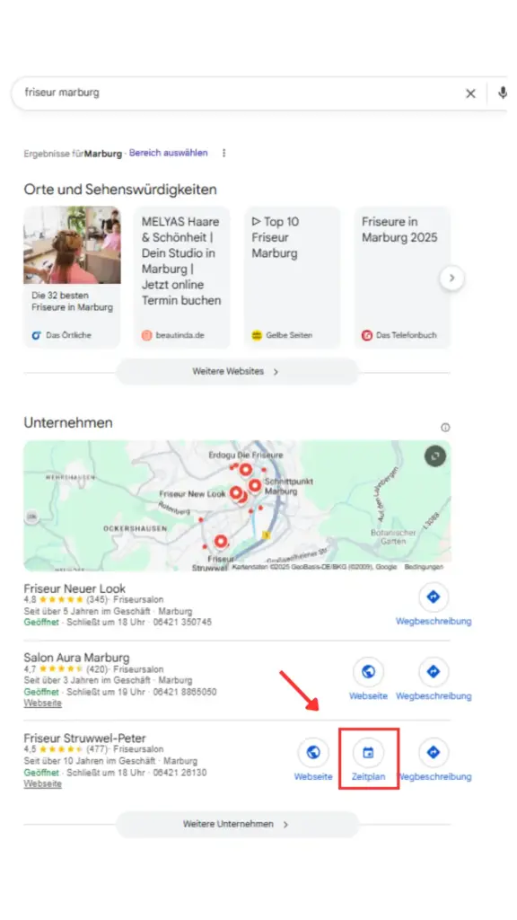 Das Bild zeigt, wie man einen Zeitplan bei Google Business Profile einsieht.